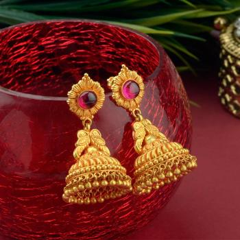 Half Round Jadau Pink  GoldToned Peacock Shaped Jhumkas Earrings Size  Regular